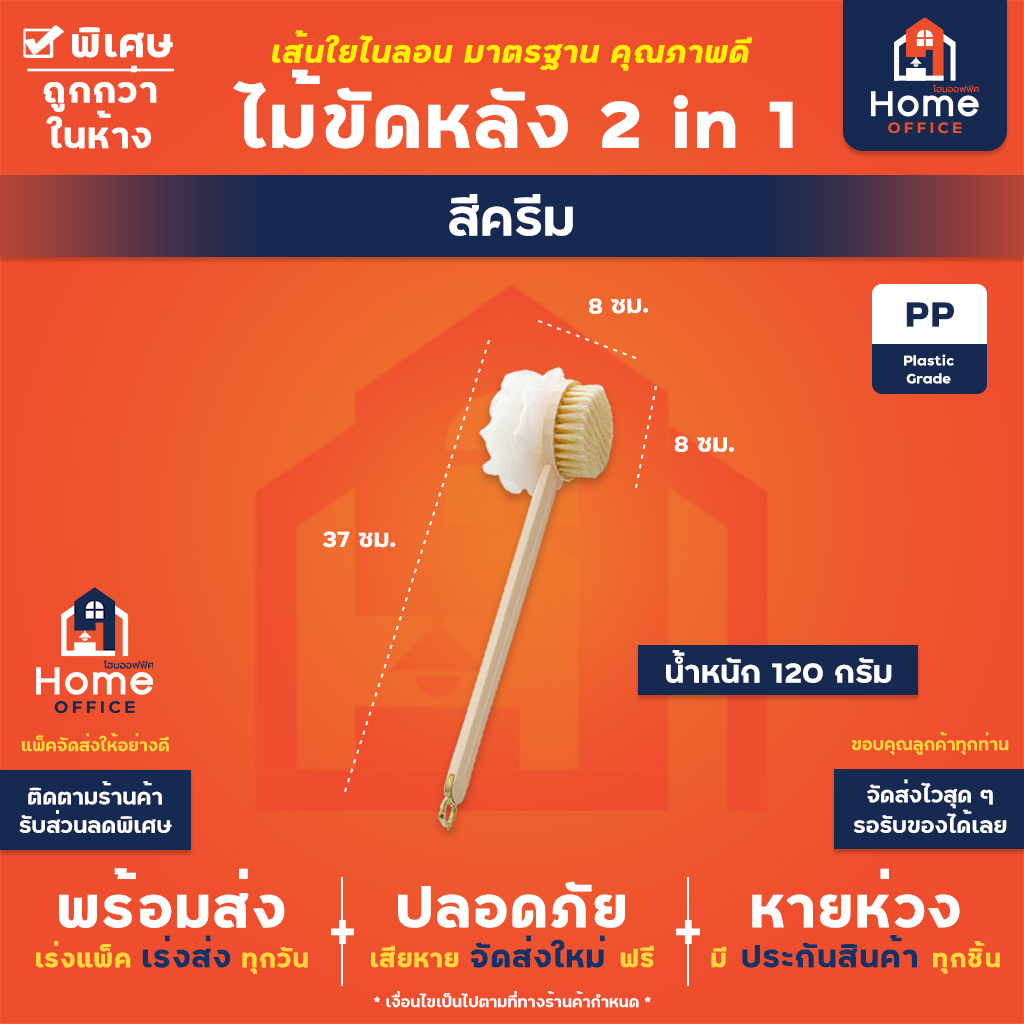 ไม้ขัดหลัง 2 in 1 (พลาสติก PP) เส้นใยขัดไนลอน มาตรฐาน - สีครีม
